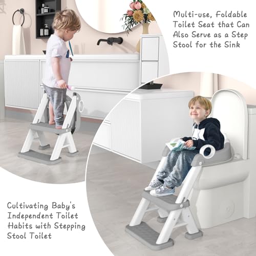 Potty Training Toilet Seat, 2 in 1 Potty Training Seat Adjustable Toddlers Potty Toilet Trainer with Steps Non Slip Handle & Soft Cushion Foldable Travel Toddler Toilet Seat for Kids Boys Girls, Grey - Image 5