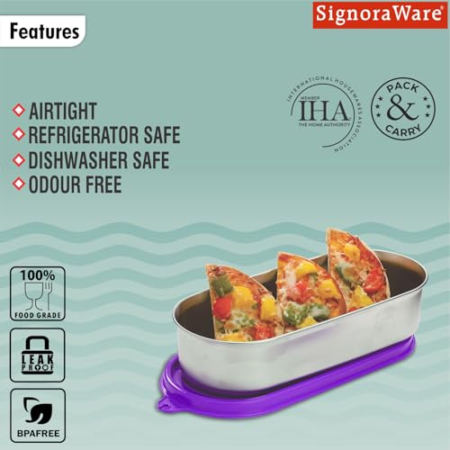 Image of Signoraware Flat Stainless Steel Oval Container | Airtight & Leakproof | Dishwasher safe | Best for School, Office, Picnics & Outdoor Activities | Great for Kids & Adults (650ml | Violet)