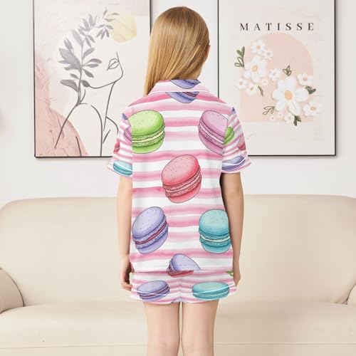 Satin Pajama Sets Short Sleeve Macaron Pattern Stripes Button Down Silky Nightwear 2 Piece PJS 5-14Y4