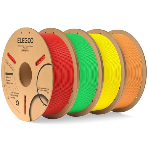 Image of ELEGOO PLA Filament 1.75mm Bundle 4KG, 3D Printer Filament Bulk Dimensional Accuracy + /- 0.02mm, 4 Pack 1kg Cardboard Spool(2.2lbs) Fits for Most FDM 3D Printers(Red, Yellow, Orange, Neon Green)