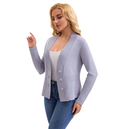 Women's V-Neck Button Front Cardigan, Long Sleeve Fitted Ribbed Knit Fall Winter Sweater4