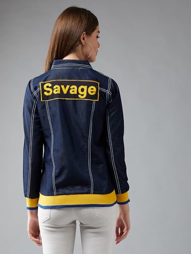 Image of Miss Chase Women's Polo Neck Full Sleeves Patch Pocket Denim Overcoat Knee-Length Jacket