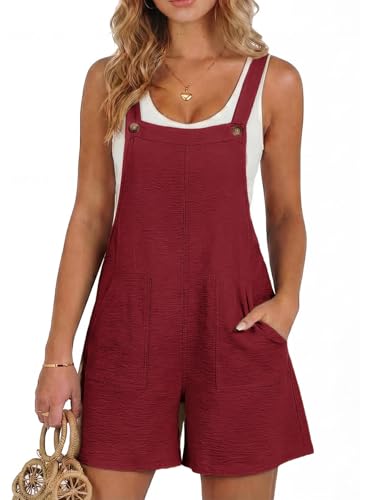 Dokotoo Womens Casual Overalls Shorts Summer Rompers for Women Loose Fit Wide Leg One Piece Sleeveless Jumpsuits Solid Color Short Pant Romper with Pockets 2026 Beach Vacation Outfits Red Dahlia M