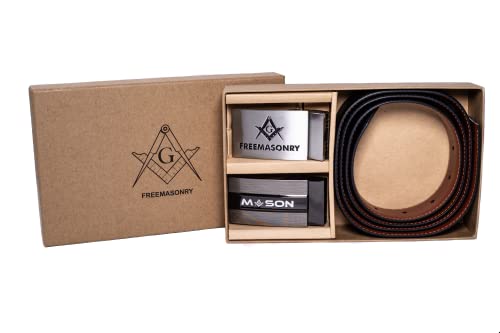 Masonic Men’s Belt - Leather Reversible Belt with Black & Tan Color Options - 2 Buckles for Every Occasion (Freemasonry Symbol & Mason Lettering) - Waist Size 42” & Under - Casual/Formal Men’s Belt4