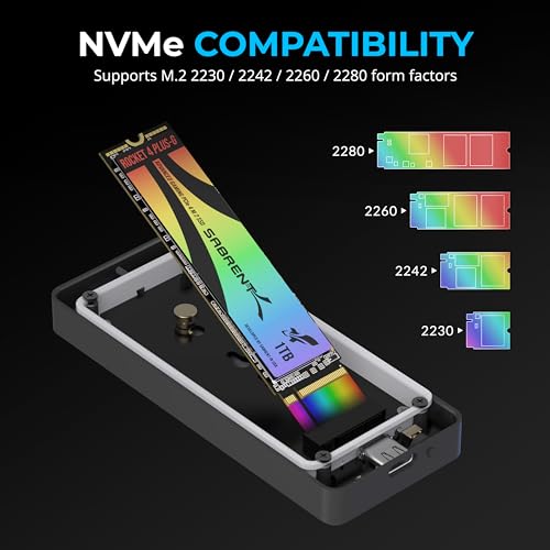Image of SABRENT Rocket RGB NVMe & SATA M.2 SSD Enclosure - USB C 20Gbps Tool-Free Case, USB 3.2 Gen 2x2, Trim, UASP, RGB LED, Compatible with 2230 /2242 /2260 /2280 Drives - Aluminum, Plug & Play (EC-RGBG)