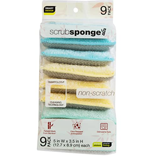 Image of Smart Design Non Scratch Scrub Sponge with Bamboo Odorless Rayon Fiber - Set of 36 - Ultra Absorbent - Soft and Scrubber Side - Cleaning, Dishes, and Hard Stains - Spring - Yellow, Mint, Blue