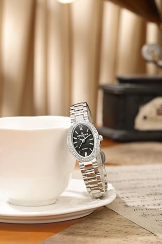 Image of London Fog Queenhithe Collection Watch for Women with Oval Textured Dial, Crystal Studded Bezel, Blue Crown Accent, Quartz Movement and Stainless Steel Strap - LFW20003