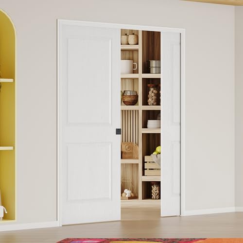 Image of 56 inch x 80 inch Sliding Pocket Interior Door, 2-Panel Hollow Core Pantry Door with Frame and Hardware Kit, Lightweight Closet Door, Waterproof PVC Surface, Easy to Install