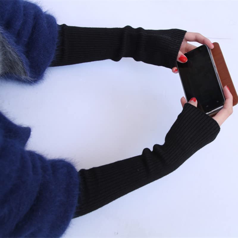 Lange zwarte vingerloze handschoenen armwarmers ellebooglange winter thermo rekbare gebreide handschoenen met duimgat voor dames