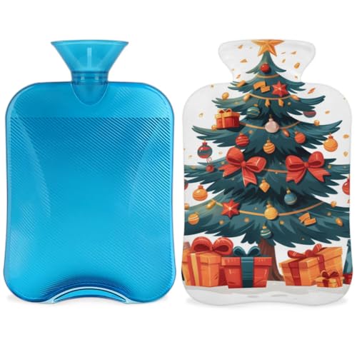 Hot Water Bottle with Soft Cover,2L Christmas Gift Hot Water Bag for Hot and Cold Compress, Hand Feet Warmer, Bright Tree Rubber Hot or Cold Water Bottle Halloween Christmas Decorations
