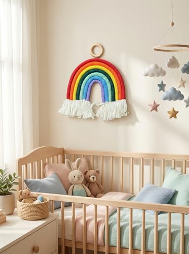 Image of JH Gallery Rainbow Wall Hanging Macrame Decor - Handmade Cotton Rope Colorful Boho Wall Art for Nursery, Bedroom, Baby Room & Home Styling