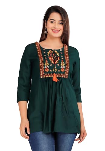 Image of Avayayat Women's Rayon Classic Heavy Embroidery Top with Beautifull Tassels at Front and on Both Sleeves Regular Fit Office Wear Festival Tunic Jeans Summer