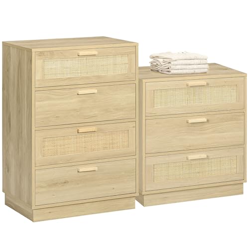 HOMCOM Commode 4 tiroirs + Commode 3 tiroirs, Meuble de Rangement Style bohème avec Cadre en Bois, chiffonnier en rotin pour Chambre à Coucher, Salon, entrée, Bois Naturel