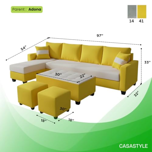 Image of CASASTYLE Adonway 8 Seater Fabric LHS L Shape Sofa Set (Light Grey-Yellow) Premium Velvet Finish | Ideal for Living Rooms