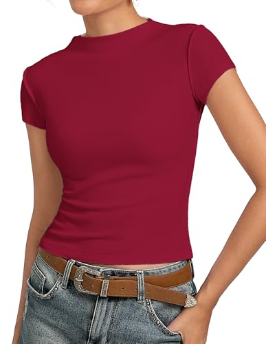 Kate Kasin Tshirt Tops Damen Kurzarm Sommer Rundhals Oberteile Damen Elegant Stretch Casual Basic Tee Rot S