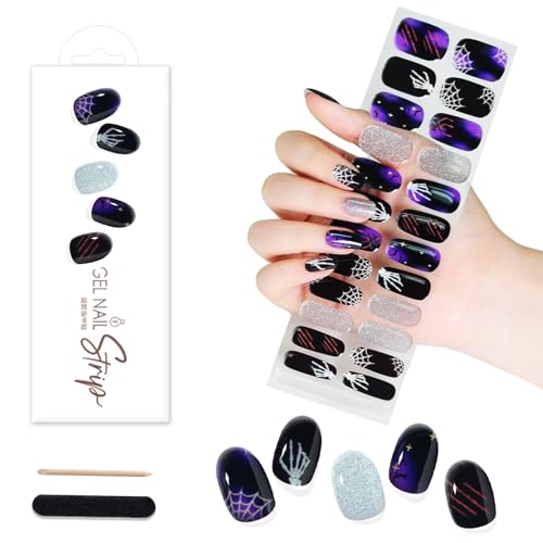 WOKOTO 1 Sheet 24 Tips Luminous Halloween Semi Cured Gel Nail Strips - Skeleton Spiderweb Halloween Nail Polish Strips Stickers Works With Lamps Salon-Quality Long Lasting Easy To Apply & Remove
