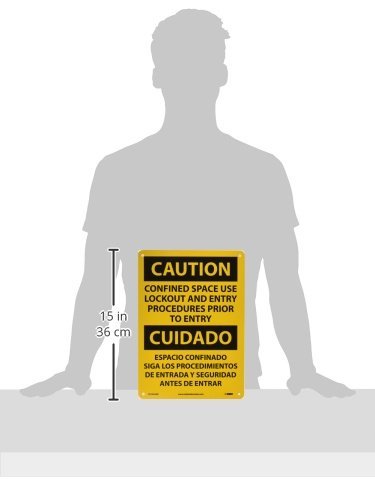 NMC ESC444AB Bilingual OSHA Sign, Legend "CAUTION - CONFINED SPACE USE LOCKOUT AND ENTRY PROCEDURES PRIOR TO ENTRY", 10" Length x 14" Height, 0.040 Aluminum, Black On Yellow
