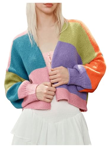 Image of MakeMeChic Women's Colorblock Colorful Open Front Cardigan Sweaters Lantern Sleeve Knitted Y2K Cardigan Multicolor Medium