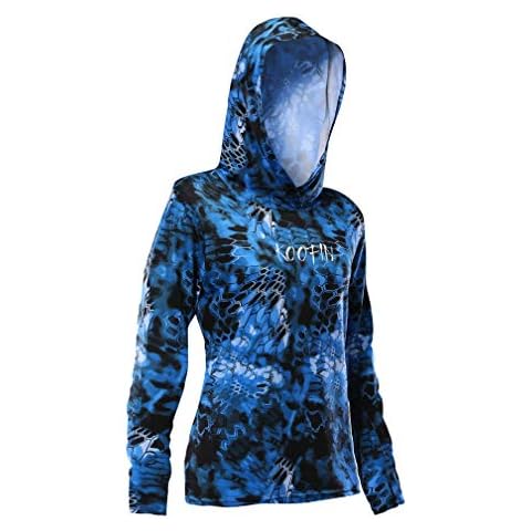 KOOFIN GEAR Performance Fishing Hoodie Women's Long Sleeve Hooded Sunshirt UPF50, Dark Blue, Large Cover