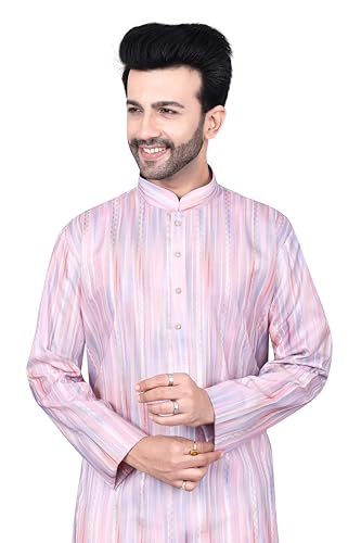 Tie Dye Printed Rayon Kurta Set, Pink, Full Sleeve, Chinese Collar, with White Cotton Pajama4