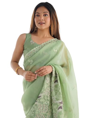 Image of SIRIL Women's Silk Blend Sequence Embroidery Saree With Unstitched Blouse Piece for Wedding and Parties