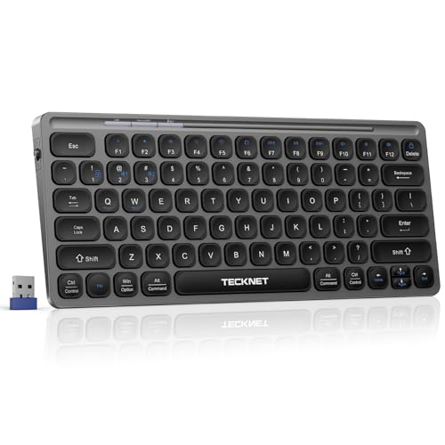 TECKNET Wireless Keyboard Rechargeable Bluetooth Keyboard 3-Device Free Switching (2.4G+BT) Quiet Typing Lightweight & Portable Compact Keyboard Compatible with Windows macOS Android Gray