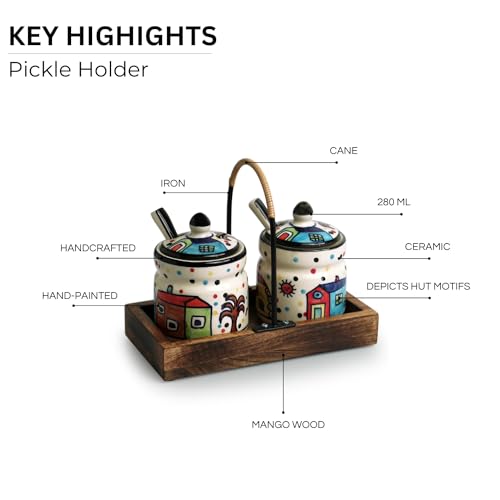 Image of ExclusiveLane 'Hut Handpainted' Ceramic Pickle Jars for Dining Table With Spoon & Wooden Holder (Set of 2, 280 ml) |Pickle Jar With Spoons Achar Jar Set for Dining Table with Spoon Container