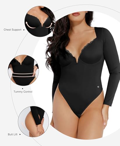 Popilush Lace Shapewear Bodysuit Long Sleeve Body suits Womens Deep V Neck Tummy Control Corset Top Trendy Going Out Tops3