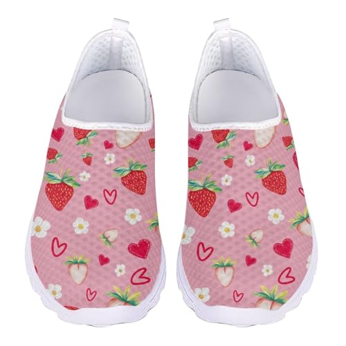 Jeiento Womens Slip-on Shoes Cute Strawberry Walking Loafers Comfy Low Top Loafers Breathable Teenager Girl Gym Workout Footwear Barefoot Sneakers8.5