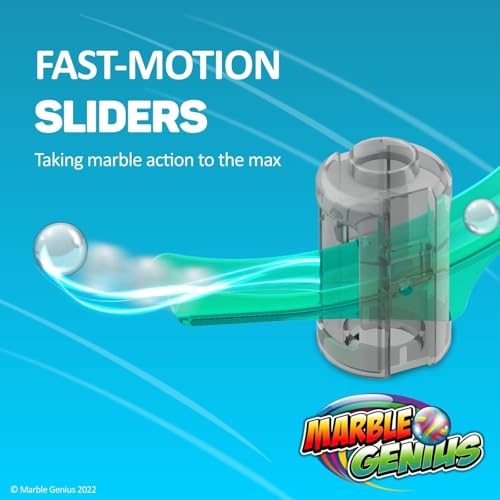 Marble Genius Marble Run Stunts Slider Set, 8 Pcs Total, 4 Two-Way Sliders and 4 Catch Buckets, Add-On Pieces for Extending Your Marbles Stunt Racing Runs, Ages 5 and Up