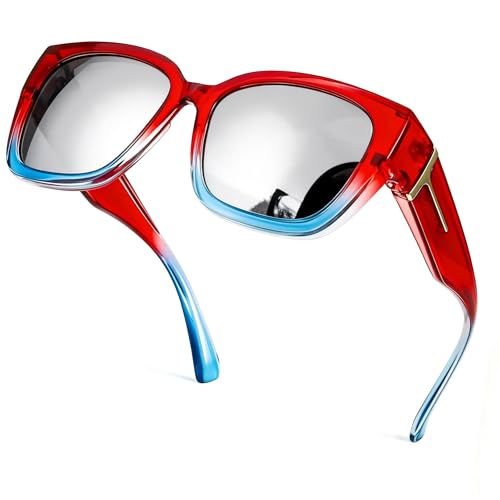 Image of SIPHEW Mirrored Sunglasses Polarized Fit Over Glasses for Women - Trendy Large Square w UV400 Protection Sun Glasses