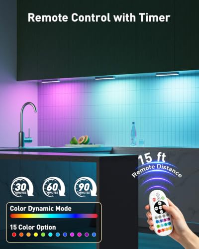 Image of Under Cabinet Lights Wireless, 58-LED Rechargeable Motion Sensor Closet Lights with Remote Control, RGB Color Changing Under Counter Lights for Kitchen, Pantry, Bedroom, Stairs, 4 Pack