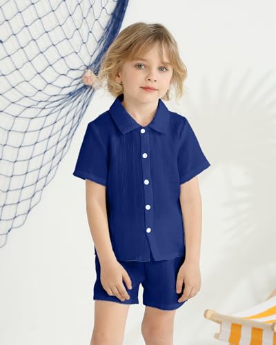 Image of Toddler Boy Clothes Little Kids Summer Outfits Short Sleeve Button Down Shirt Top Shorts Set 2 PCS Boy's Clothing