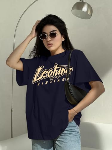 Image of LEOTUDE Women Cottonblend Drop Shoulder Oversized Round Neck Half Sleeve Tshirt, Longline Printed T-Shirt