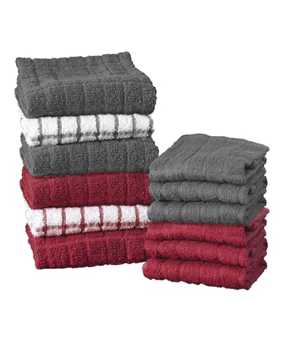 Ritz Premium Kitchen Towel and Dish Cloth Value Set: Highly Absorbent, Super Soft, Long-Lasting, 100% Cotton Checked and Solid Hand Towels, Tea Towels, Bar Towels - 12-Pack, Paprika/Graphite