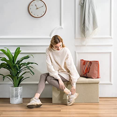 YOUDENOVA 30 inches Folding Storage Ottoman, 80L Ottoman Bench Footrest Stool, Linen Fabric Beige Storage Chest Padded Seat for Bedroom and Living Room, Support 350lbs - Thumbnail 6