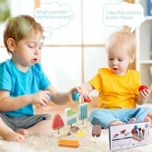 Eisdiele Kinder Holz Eiscreme Spielzeug, EIS am Stiel Holzspielzeug, EIS Spielzeug für Kinder, Kaufladen Zubehör Spielküche Rollenspiele für Kind Mädchen Jungen 3 4 5 6 Jahren Montessori Spielzeug