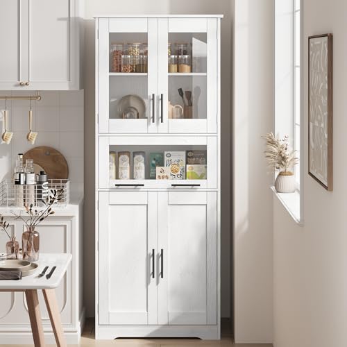 GAOMON Tall Bathroom Cabinet, Freestanding Storage Cabinet with Glass Doors and Adjustable Shelves and Drawers, 67" Tall Cabinet for Kitchen, Pantry, Living Room,White