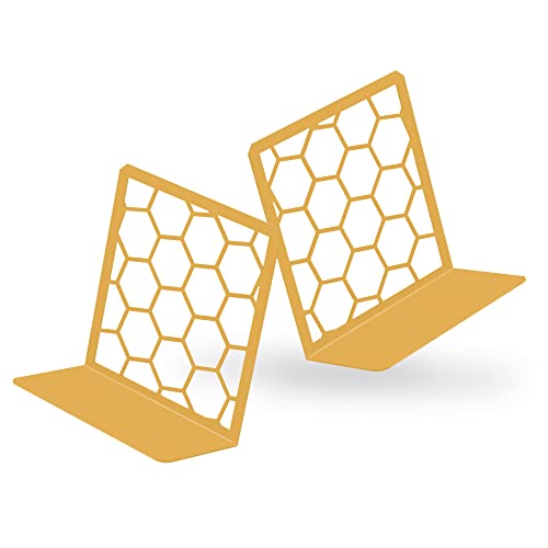 Premium Geometric Gold Honeycomb Bookends For Shelves, Metal Book Ends For Office, L-Shaped Book Stopper, Rustproof Bookends Decorative Unique For Home, 6.25 (L) X 6 (W) Inches, 1 Pair - Geomod #TOP26