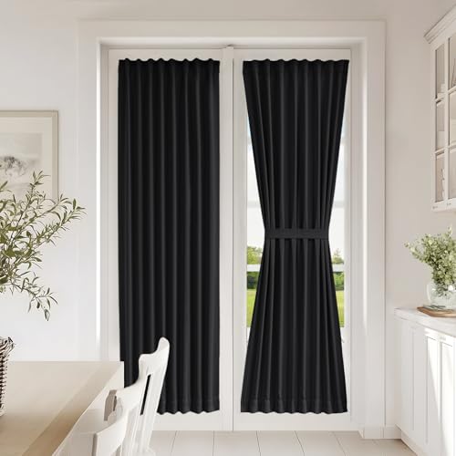 Vatge Blackout Door Panel Curtain - Self Adhesive Curtains with Tieback for Front and French Doors, 1 Panel, W25 x L72, Black