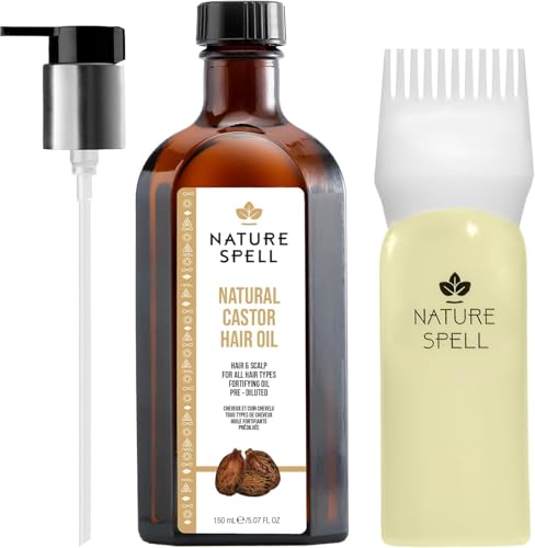 Nature Spell Castor Oil for Hair, Skin, Eyelashes, Eyebrows and Nails, Pre-Diluted Castor Oil for Hair Growth & Scalp, Split Ends and Dry Skin, with Pump and Root Comb Applicator, Vegan, 150ml