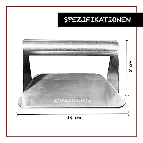 Foto von DREIBERG® Grillpresse Set inkl. Burgerpapier – Burgerpresse Edelstahl für Smash Burger. Burger Smasher. Smashed Burger Presse für Grill, Pfanne & Teppanyaki Platte(quadr.)