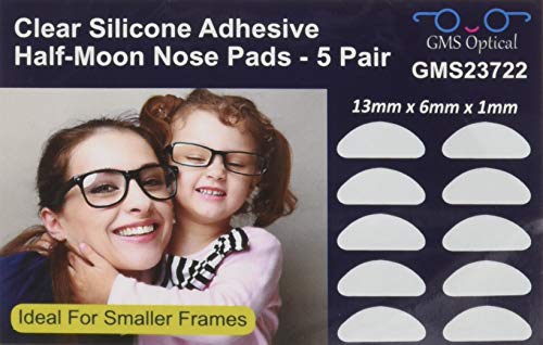 GMS OpticalÂ® Premium Silicone 3M Adhesive Half Moon Nose Pads 13mm x 6mm - Ideal for Smaller Frames (5 Pair) (Clear)
