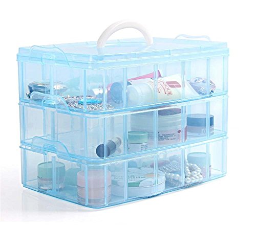 MINGHU 3-Tier Transparent Stackable Adjustable Compartment Slot Plastic Craft Storage Box Organizer Snap-Lock Tray Container 3 Sizes 4 Candy Colors Available (Extre Large 30 Compartment, Blue)