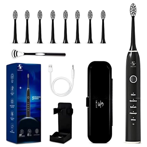 SOLIHY Electric Toothbrush with 8 Soft Bristle Heads for Adults, Pressure Sensor, 5 Modes with 2 Minutes Build in Smart Timer, Rechargeable Travel Toothbrush with Brush Hold and Tongue Scrapper