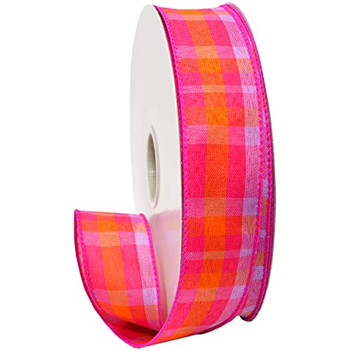 Morex Ribbon Color Chic Plaid Ribbon, Magenta/Tangerine, 1.5" x 50 Yd