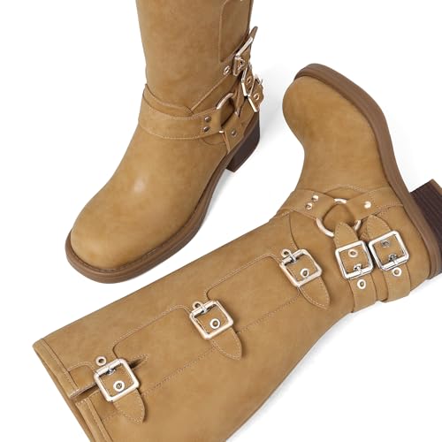 Image of AMINUGAL Knee High Boots Women Square Toe Pull On Wide Calf Riding Fashion Buckles Chunky Metallic Casual Vintage Buckle Rivet