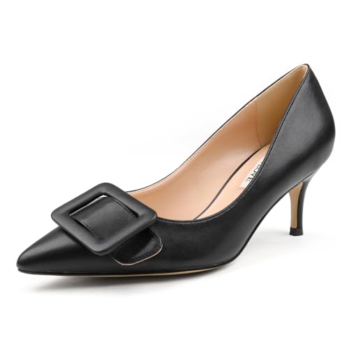 JOY IN LOVE Women's Kitten Heel Pumps Pointed Toe Square-Buckle Office Dress Pump Shoes Black Matte US11 - Main Image