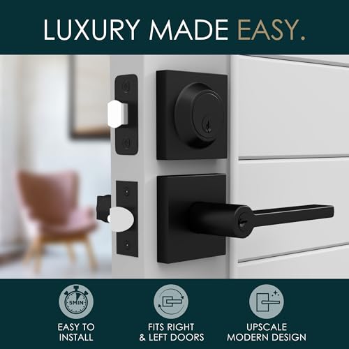 Image of Mega Handles Prime Entrance Combo, Entry Lever Door Handle and Single Cylinder Deadbolt Lock and Key Combo Pack, Heavy Duty Square Locking Door Levers Set for Left or Right-Handed Doors - Matte Black