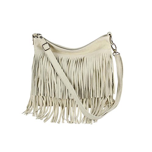 OBC Made IN Italy Damen Leder Tasche Wildleder Fransen Schultertasche Umhängetasche Crossbody Henkeltasche Crossover (Beige)